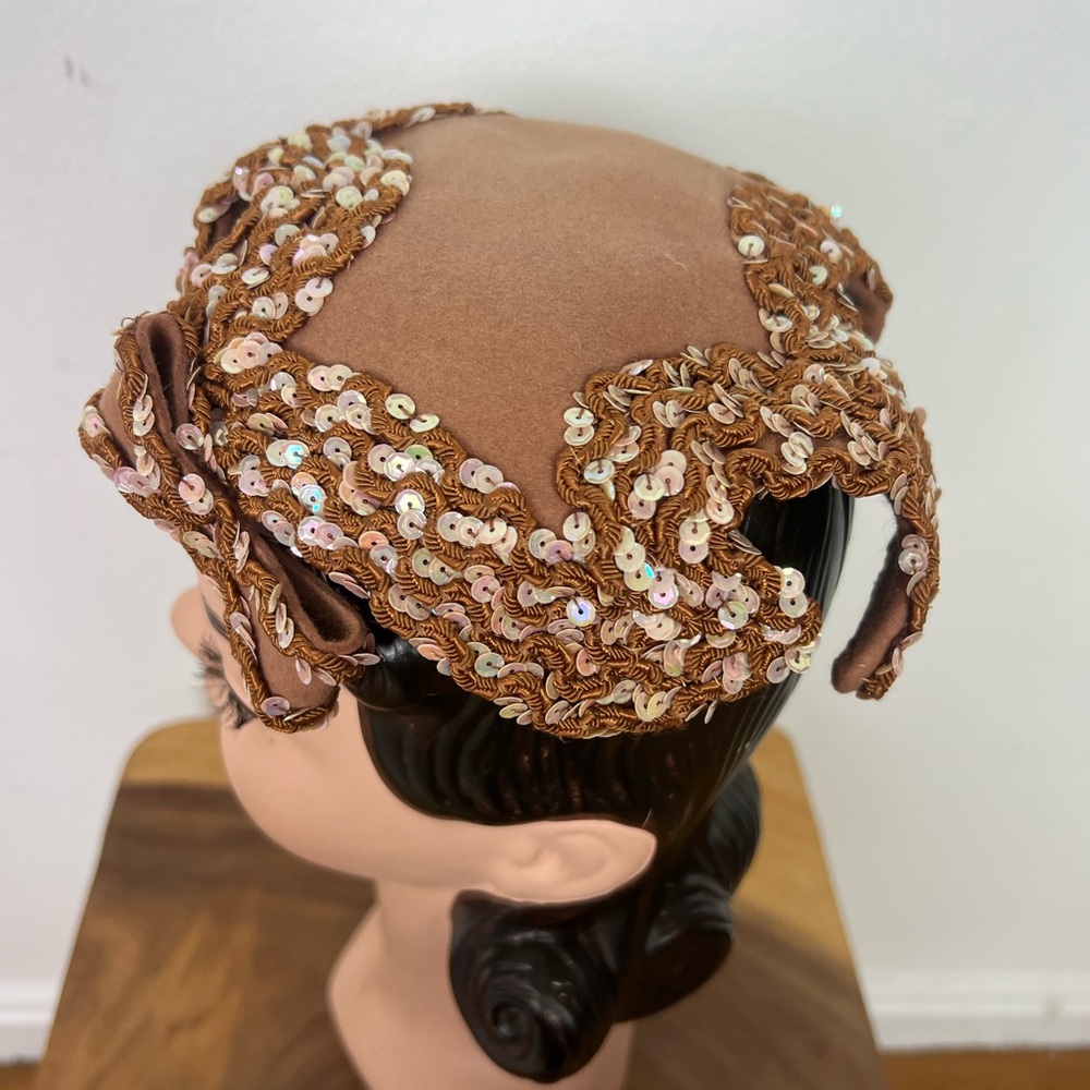 1950’s 50s Vintage Elegant Brown Wool Felt Sequin Sequined Soutache Women's Hat - Picture 5 of 16